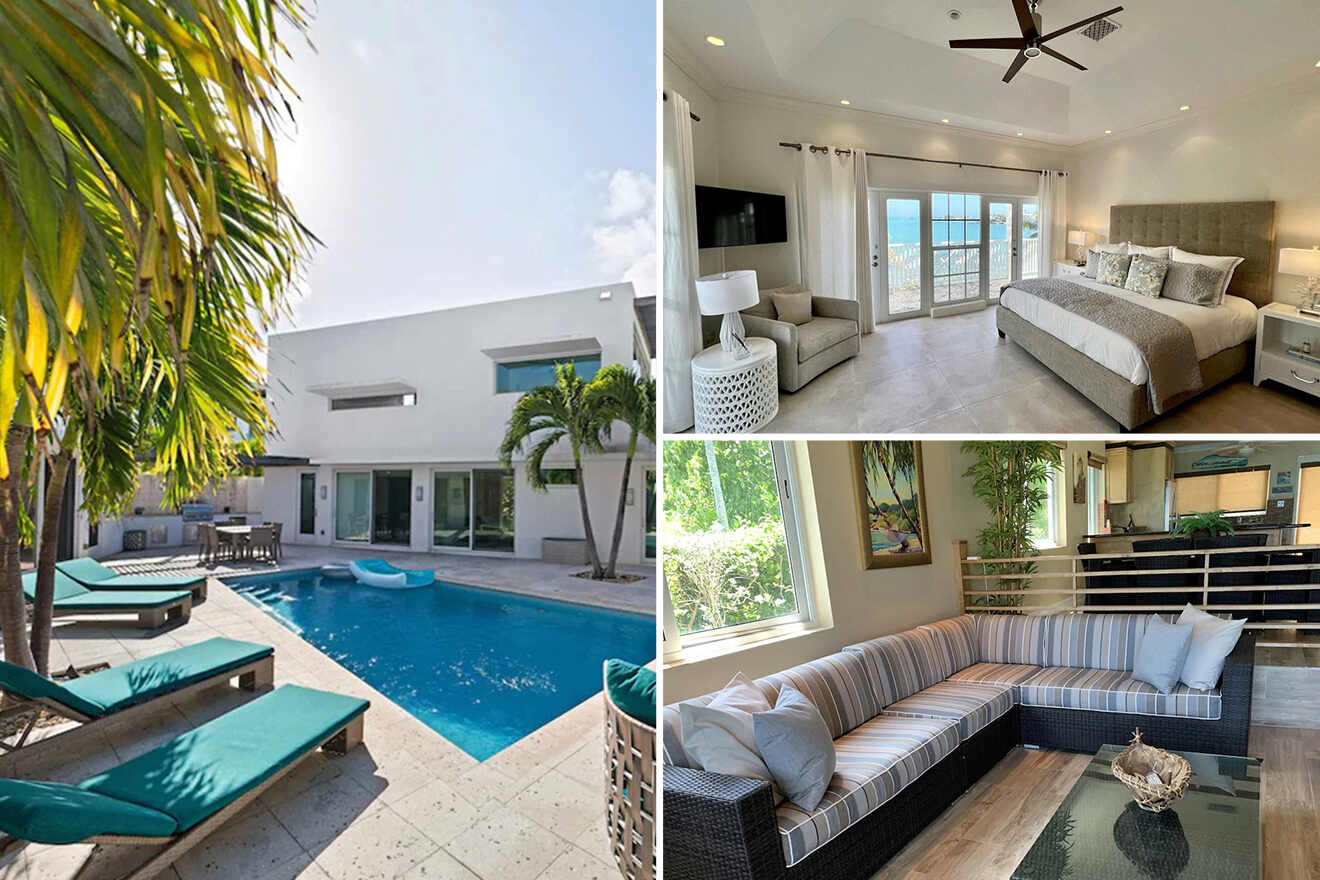 Collage of 3 pics of rentals in Exuma Bahamas: a modern house featuring a pool area with lounge chairs, a bedroom with ocean views, and a living room with a large sectional sofa.