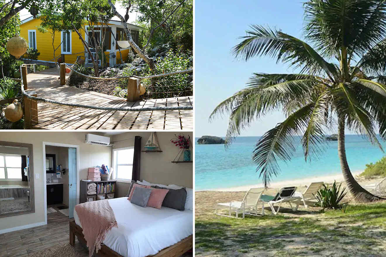 Collage of 3 pics of rentals in Exuma Bahamas: a yellow cottage surrounded by trees with boardwalk leading to the cottage, a cozy bedroom interior, and a beach scene with palm trees and lounge chairs near the ocean.