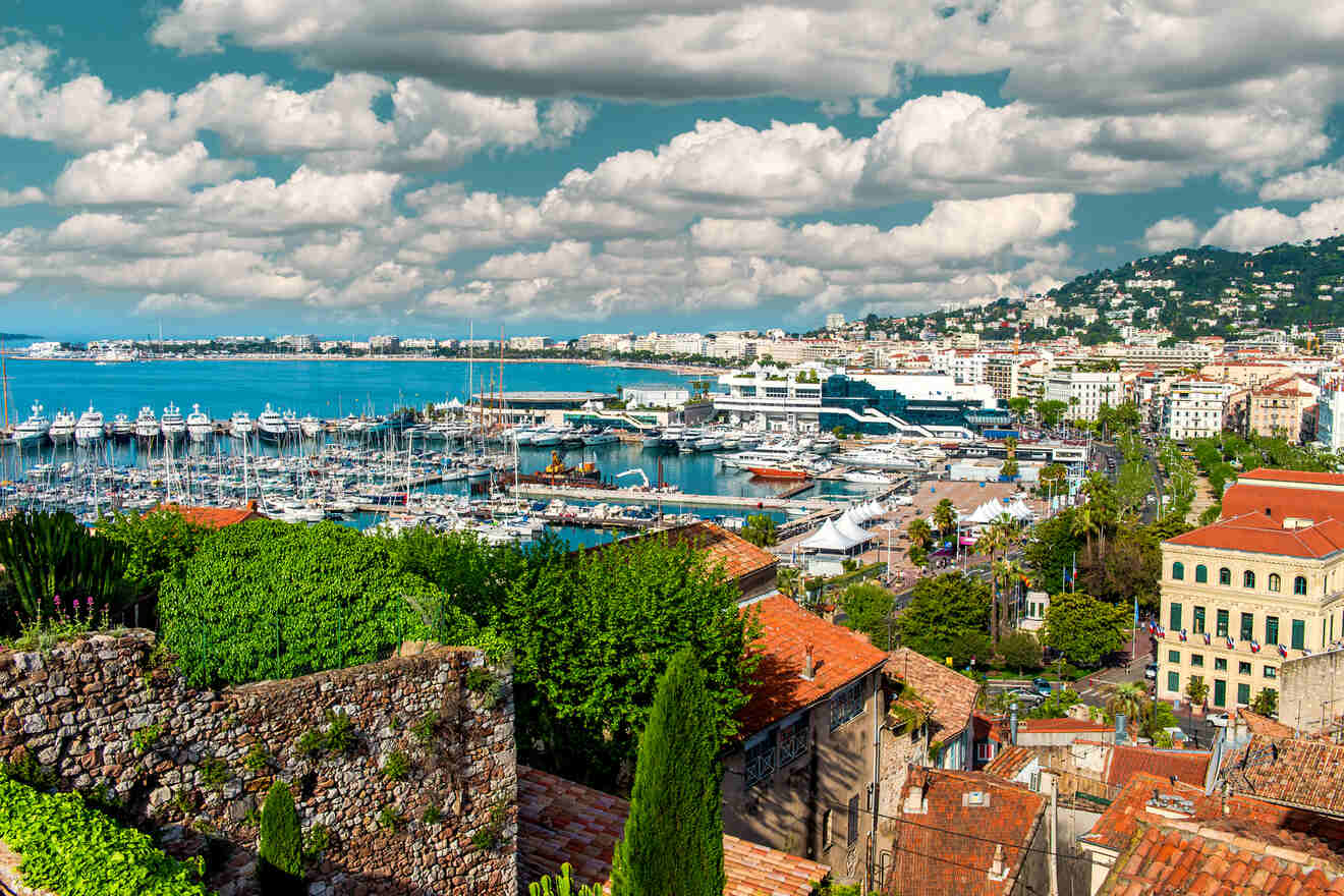 Elevated view of Cannes, showing the bustling marina filled with yachts, the Croisette promenade, and the old town of Le Suquet with its lush greenery and terracotta roofs