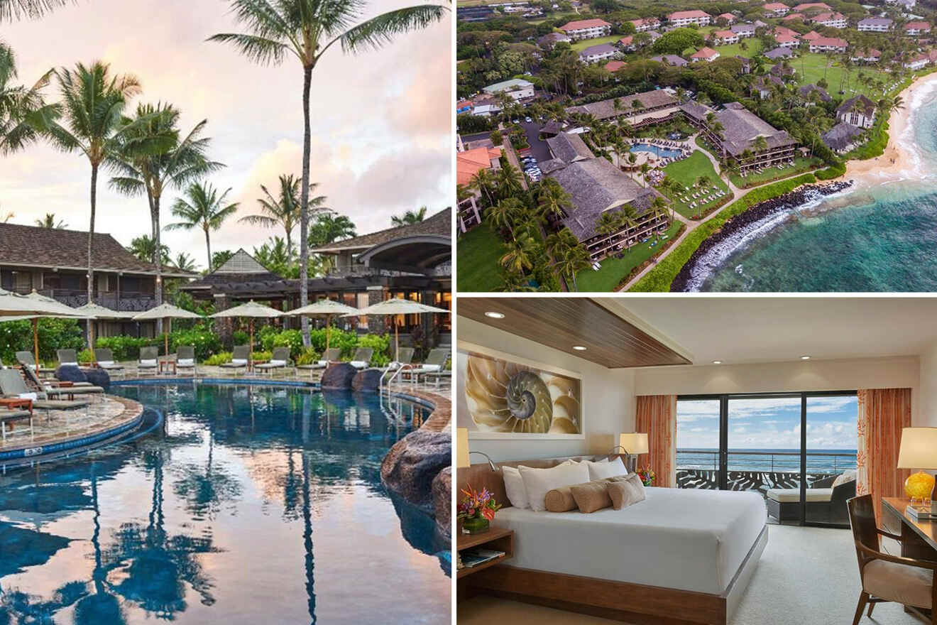 a collage of 3 photos: pool, aerial view of hotel, and bedroom