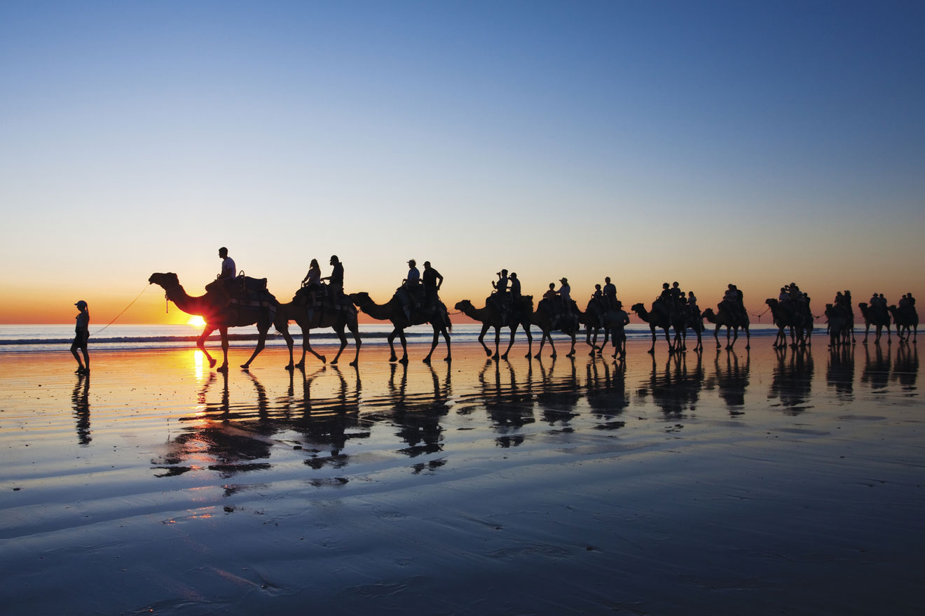 A line of people riding camels along a beach at sunset, with their reflections visible on the wet sand.