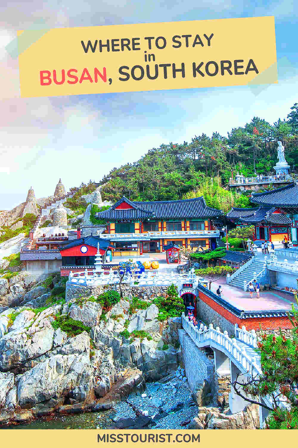 Travel poster featuring a coastal temple with text "Where to Stay in Busan, South Korea".