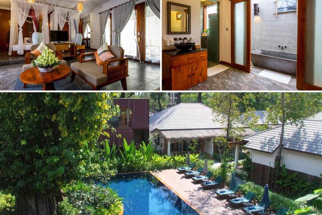 Collage featuring the La Rivière d' Angkor Resort: an elegant suite with canopy beds and wooden furnishings, a luxurious bathroom with a standalone bathtub, a tranquil pool surrounded by lush greenery, and a traditional thatched-roof poolside gazebo
