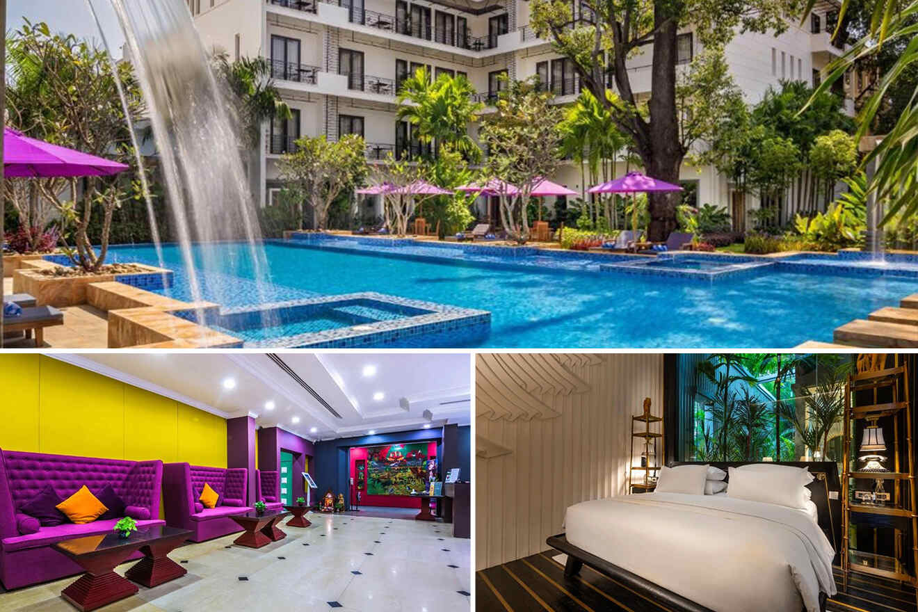 Collage featuring the luxury hotels in Old French Quarter in Siem Reap: an inviting pool with water features and purple umbrellas, a colorful and contemporary lobby with plush seating, and a cozy, well-appointed room with a view of lush greenery