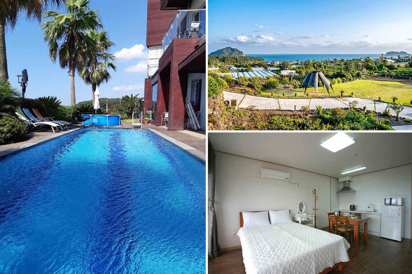 Image collage of a vacation rental: a pool surrounded by palm trees, a scenic view over a garden towards the sea, and a simple bedroom with a kitchenette.