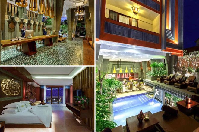 Collage featuring the Golden Temple Retreat: a welcoming reception with intricate woodwork and hanging lights, a luxurious room with a golden wall motif and ambient lighting, an outdoor lounge by an illuminated pool, and a modern facade with warm lighting