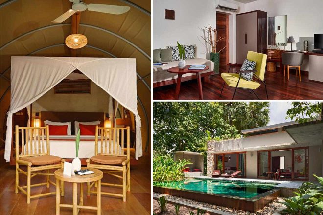 Collage presenting a Templation Hotel: a cozy safari tent bedroom featuring a four-poster bed, a vibrant living space with modern furniture and wooden accents, and an inviting private outdoor pool surrounded by lush greenery