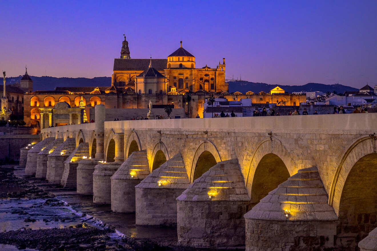 View of the Roman Bridge and the Mosque-Cathedral of Córdoba illuminated at dusk, with the surrounding cityscape and hills in the background.