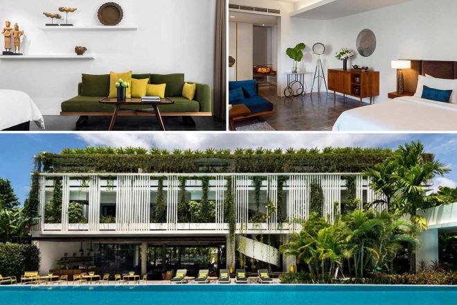 Collage showcasing the stylish Viroth's Hotel: an inviting living space with a green velvet couch and vibrant yellow pillows, a sleek bedroom with minimalist furnishings and tropical views, a modern hotel exterior with vertical gardens, and a serene pool area surrounded by lush greenery
