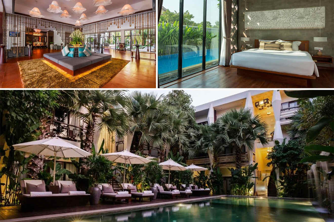 Collage showing a resorts near Angkor Wat Temple: an opulent lobby adorned with modern art and floor-to-ceiling windows, a serene bedroom overlooking a private pool, and an oasis-like outdoor swimming area surrounded by lush tropical plants and comfortable loungers