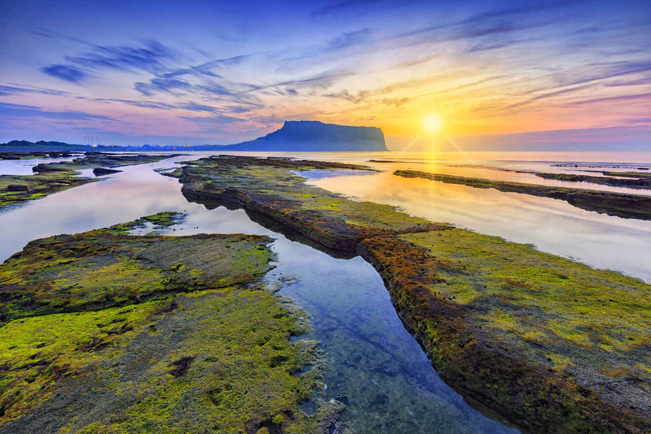 A tranquil sunset over a coastal landscape with green moss-covered rocks and tidal pools, leading to a prominent island or mountain at the horizon.