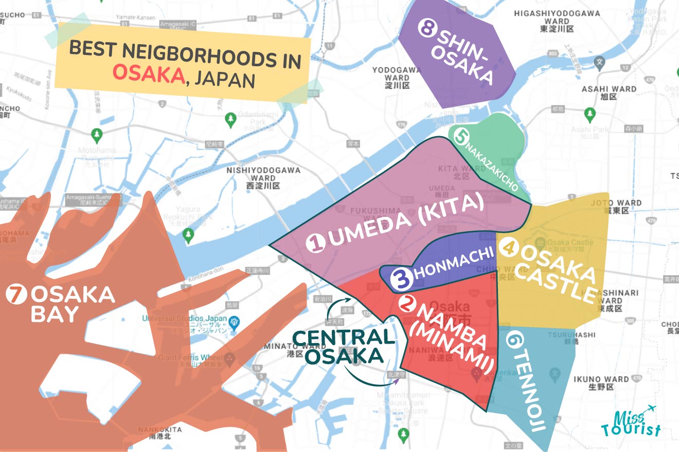 Map of best places to stay Osaka Japan