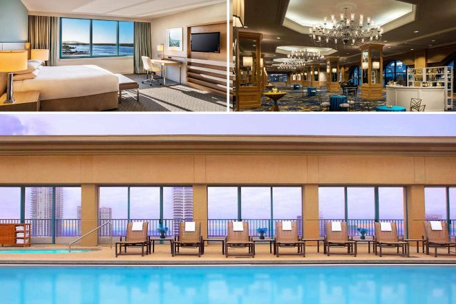 Collage of a hotel room with a coastal view, a grand dining area with chandeliers, and an outdoor pool lined with lounge chairs.