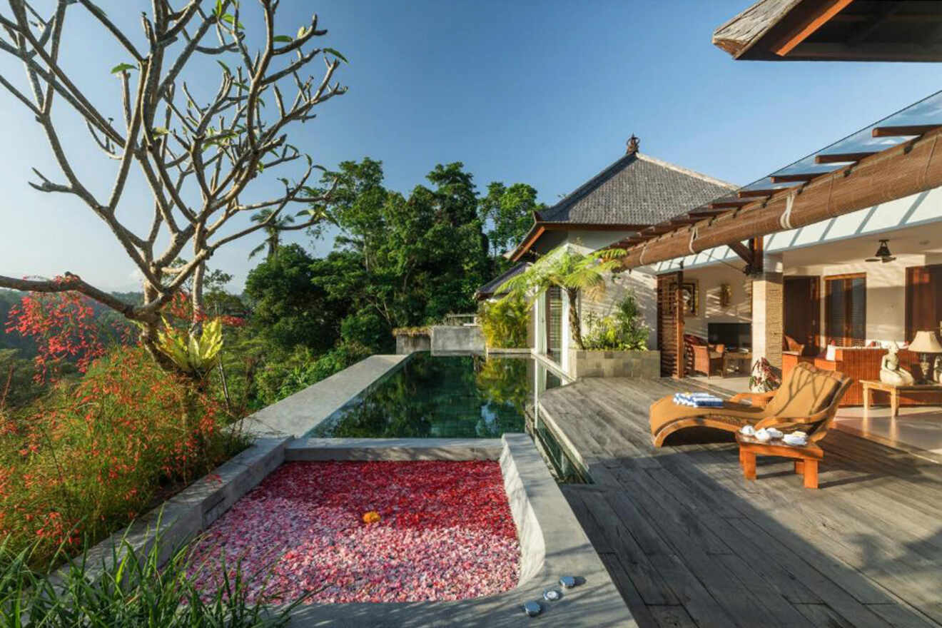 sun beds on the terrace and swimming pool with rose petals