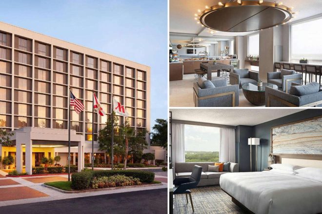 Collage of hotel exterior, modern lobby lounge, and a spacious guest room with a large bed and seating area.