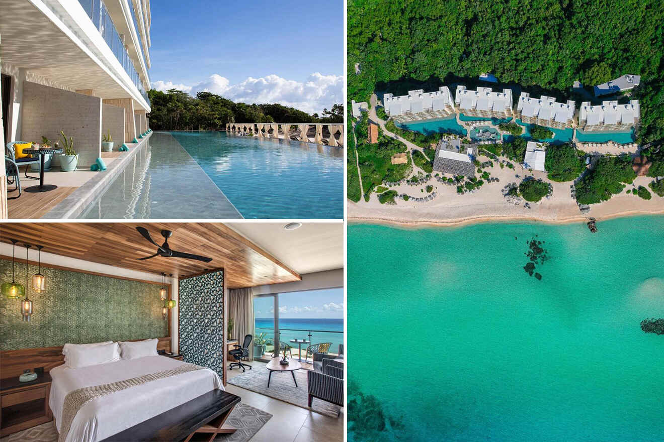 Collage of 3 pics of hotel in Playa Del Carmen: an infinity pool on a balcony, an aerial view of beachfront rooms, and an interior shot of a bedroom with ocean view.