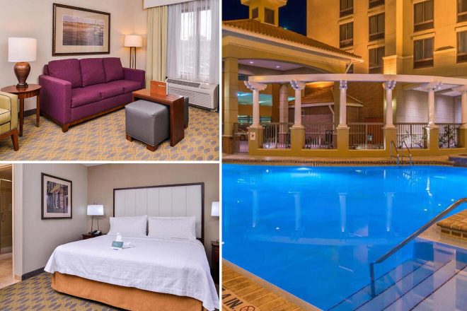 Collage of a hotel room with a sofa, a bedroom with a bed, and an outdoor pool area at night.