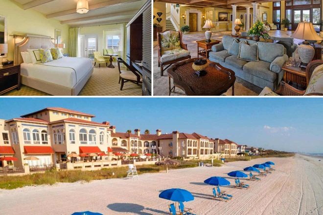 A luxurious hotel room and lobby are shown in the top images, with a beachside view of the hotel and blue umbrellas on the sandy beach in the bottom image.