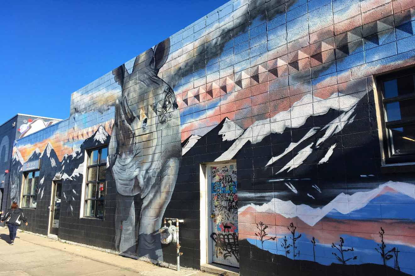 Vibrant street mural of a rhino superimposed over mountain scenery on an urban building wall