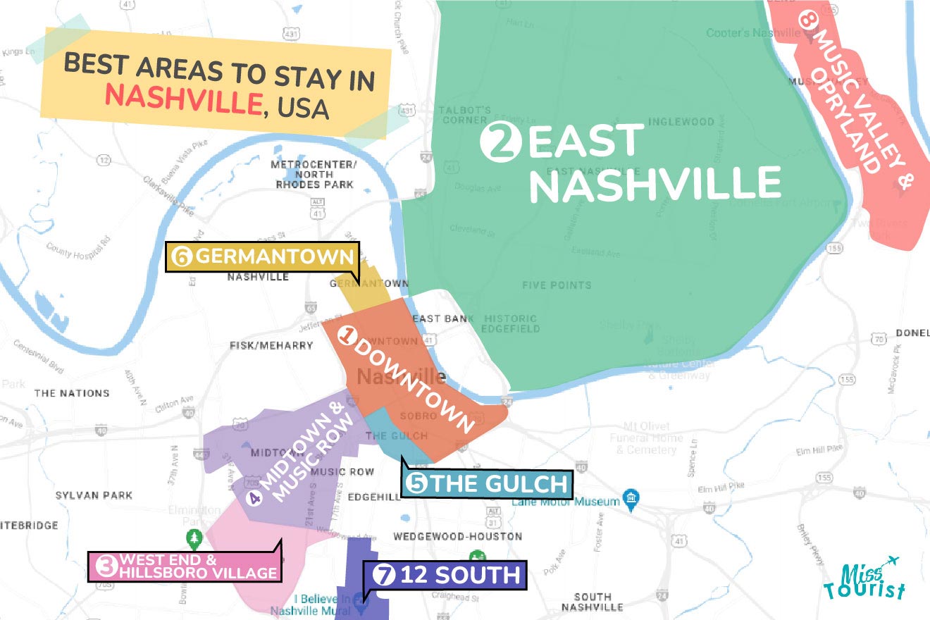 Map of best places to stay Nashville Updated 2022