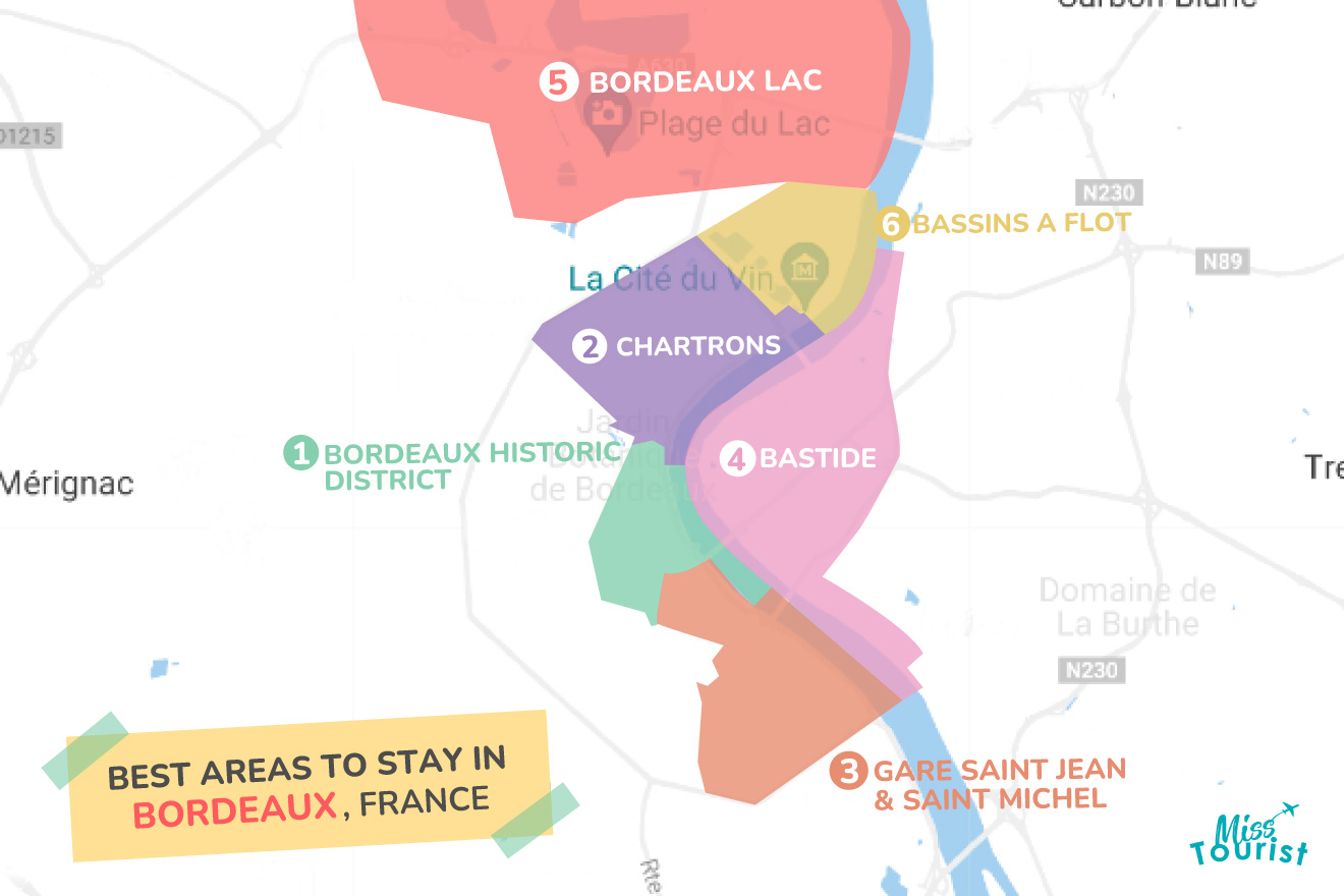 Map of best places to stay in Bordeaux France