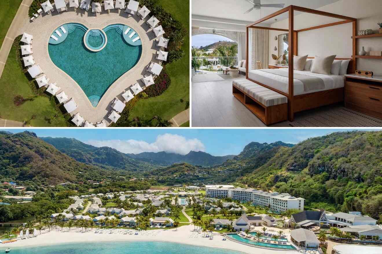 Aerial view of a heart-shaped pool, a modern hotel room with a four-poster bed, and a wide shot of a seaside resort surrounded by green hills.