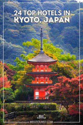 Guide cover for top hotels in Kyoto with a bright image of the red pagoda at Kiyomizu-dera surrounded by lush autumn foliage. The text reads '24 Top Hotels in Kyoto, Japan' from the blog misstourist.com