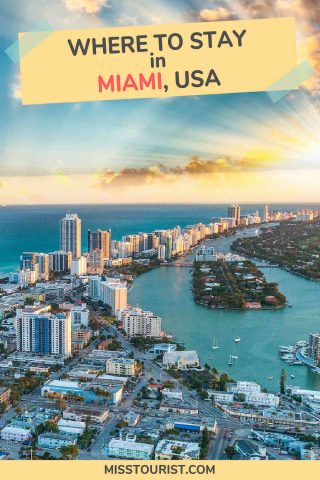Promotional image for Miami accommodations with a bright sunset and city skyline, labeled "Where to stay in Miami, USA"