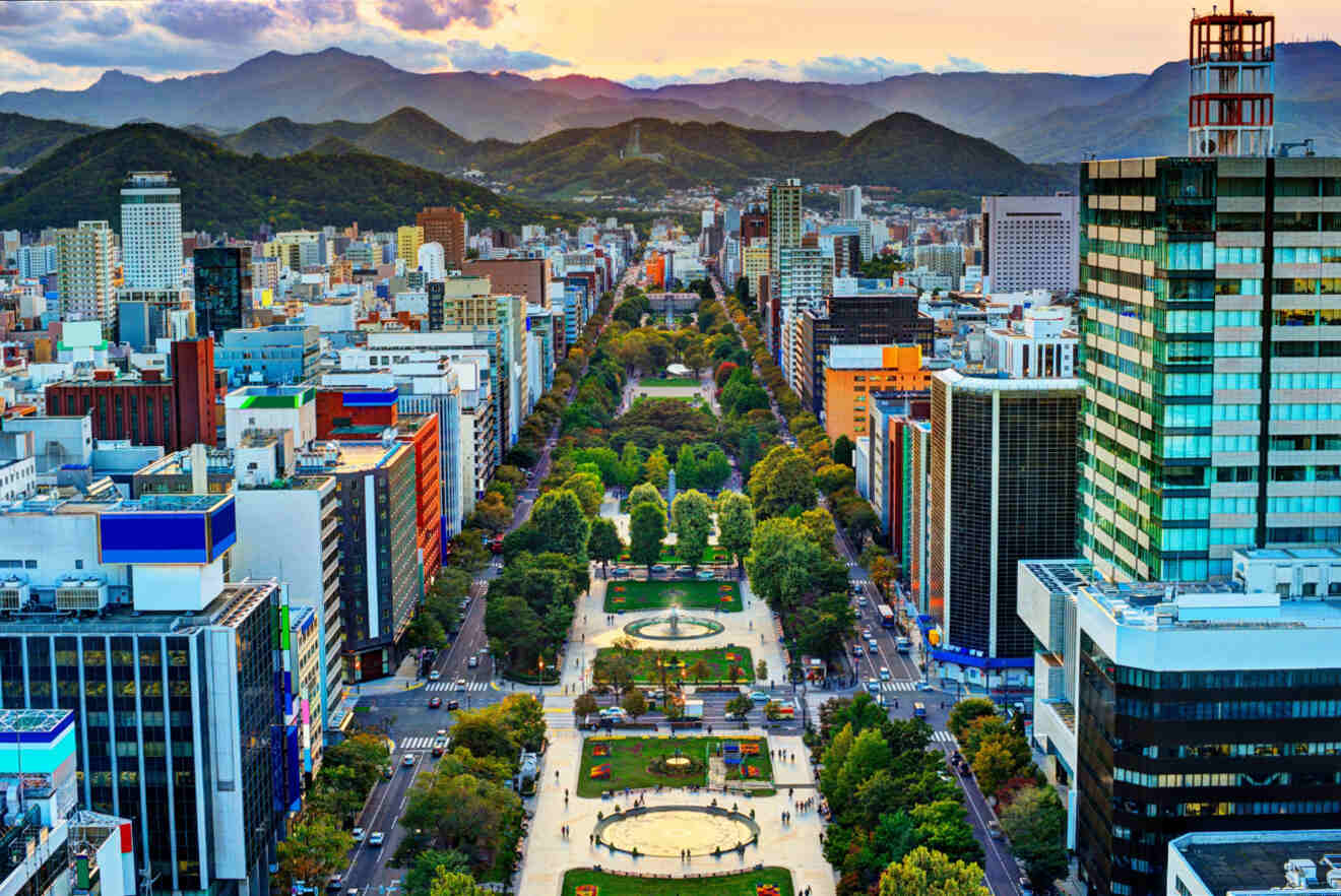 An aerial view of a cityscape with a wide boulevard lined with trees, surrounded by buildings, and mountains in the background.