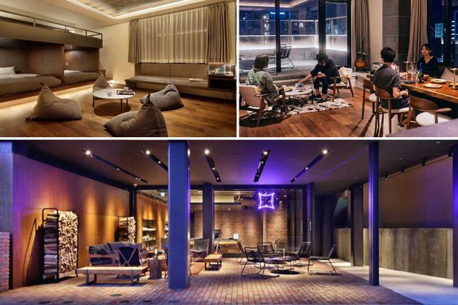 A collage of three hotel photos to stay in Sapporo: a cozy lounge with bean bag chairs and a modern aesthetic, guests enjoying a meal and conversation in a chic dining area, and a stylish open space with contemporary seating and lighting.