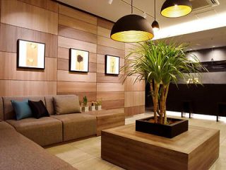  A contemporary hotel lobby with wooden walls, modern lighting fixtures, and a large potted plant as a centerpiece.