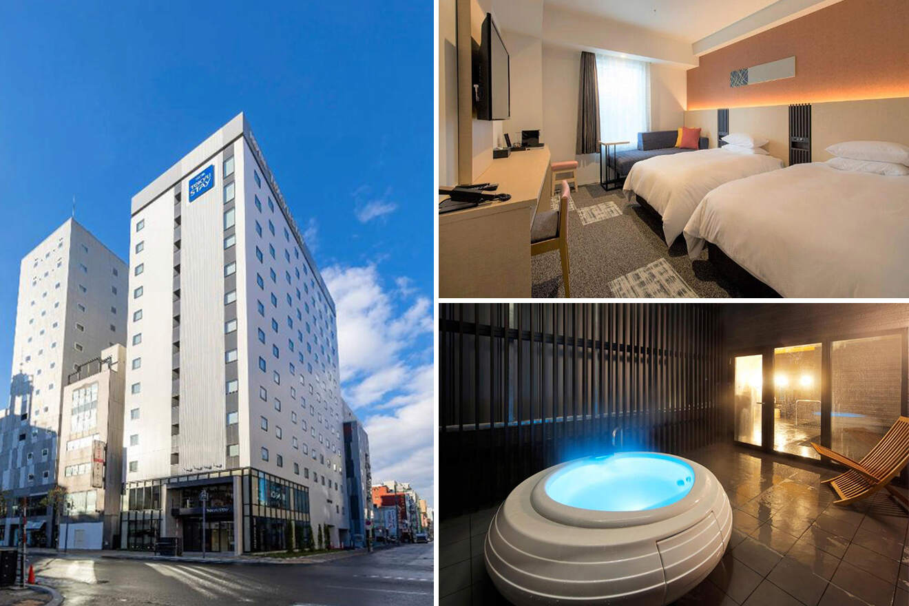 A collage of three hotel photos to stay in Sapporo: the hotel's exterior under a clear blue sky, a comfortable room with twin beds and modern decor, and a luxurious hot tub with ambient lighting