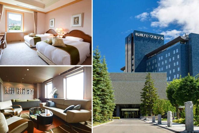 A collage of three hotel photos to stay in Sapporo: a classic hotel room with twin beds and elegant decor, a sophisticated lounge area with ample seating, and the hotel’s grand exterior surrounded by trees.