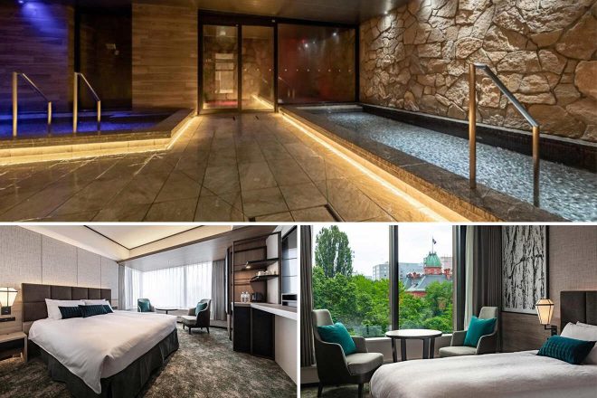 A collage of three hotel photos to stay in Sapporo: an indoor hot spring with warm lighting and stone accents, a spacious room with a large bed and a scenic view, and another room with lush greenery visible through large windows.