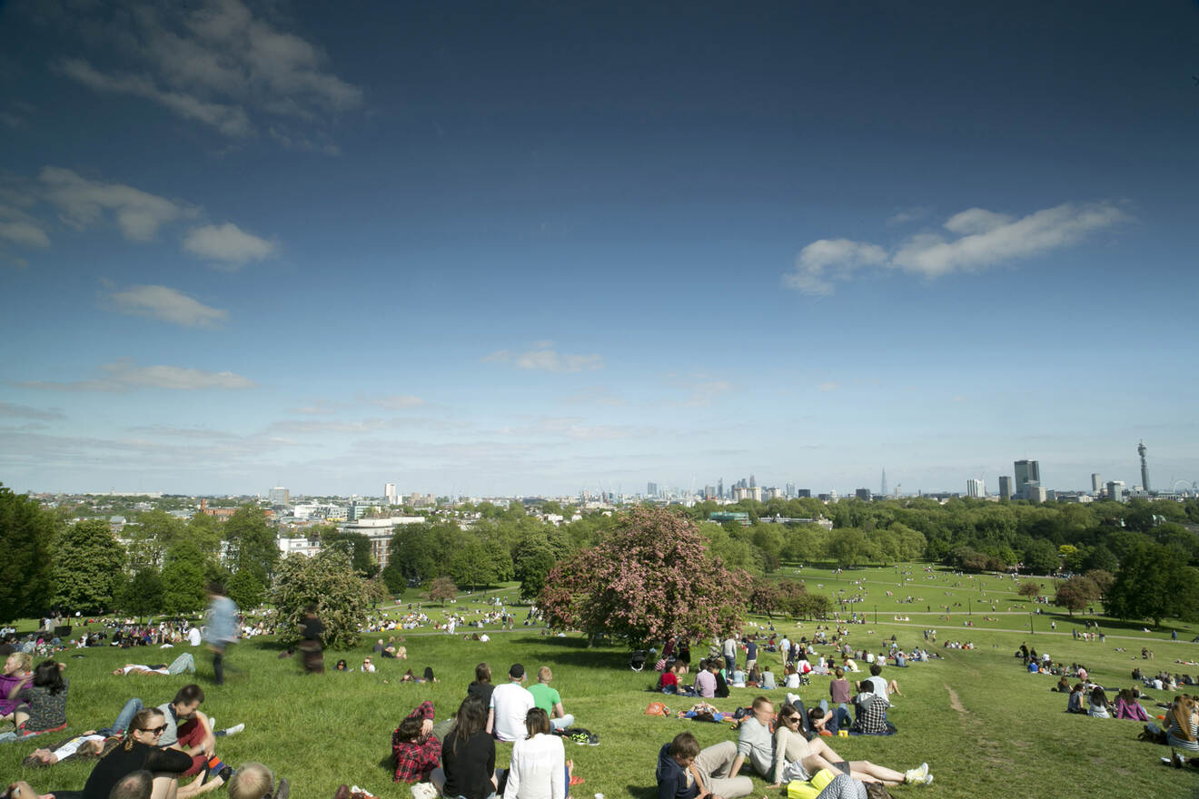 A large group of people relaxing on a grassy hill under a clear blue sky, with a city skyline visible in the background.