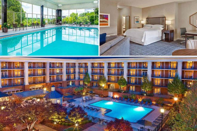 A collage of three hotel photos for a stay in Nashville: a serene indoor pool area with large windows offering a lush green view, a comfortable hotel room with a large bed and a work desk, and a nighttime view of the hotel's exterior showcasing a courtyard with a lit pool and patio seating.