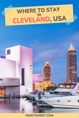 A travel guide cover with "Where to Stay in Cleveland, USA" over an image of the city's waterfront and skyline at dusk.

