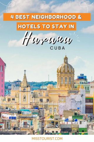 A scenic view of Havana, Cuba, featuring a mix of colorful buildings and a prominent domed structure. Text reads, "4 Best Neighborhood & Hotels to Stay in Havana, Cuba" with a sunburst graphic.