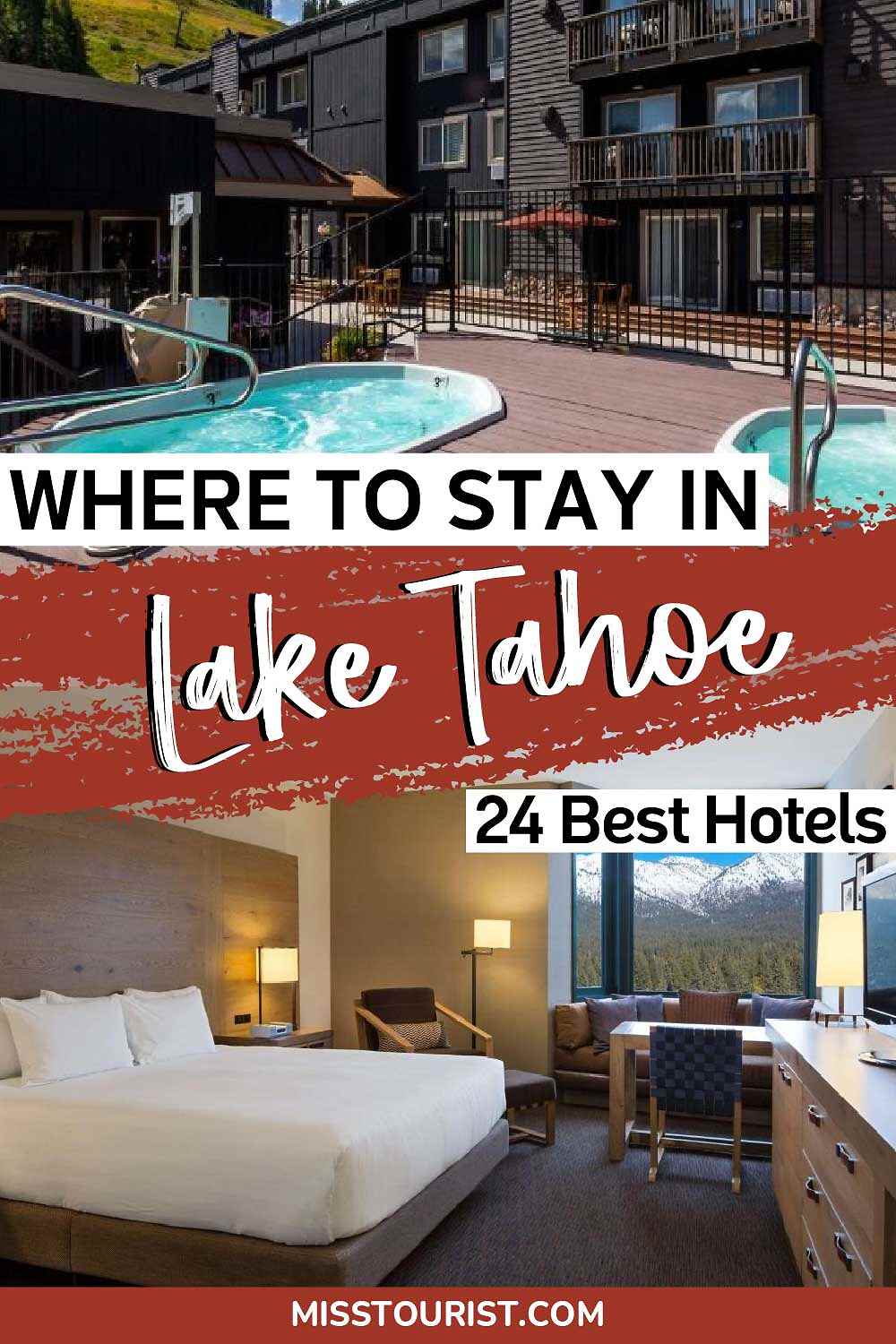 Travel blog graphic with a hotel pool in the foreground and snowy mountains
