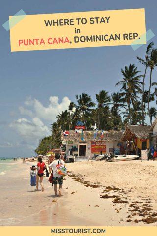 Promotional image for accommodation in Punta Cana, Dominican Republic, featuring a beach and palm trees.
