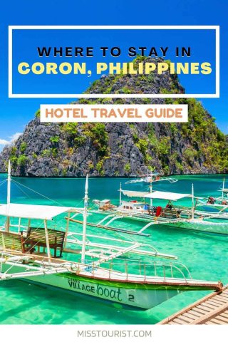 Several boats anchored in turquoise water with a rocky hill covered in vegetation in the background, titled 'Where to stay in Coron, Philippines - Hotel Travel Guide'.