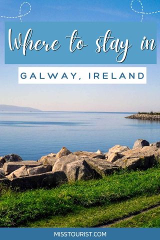 featuring a serene view of Galway, Ireland, with a clear blue sky and rocky shoreline