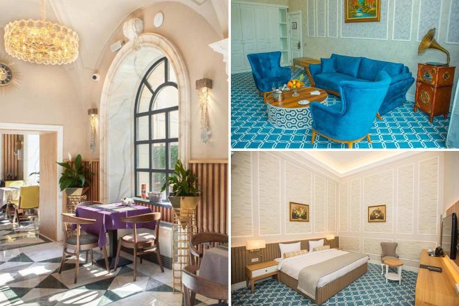 Collage of 3 pics of luxury hotel: a restaurant seating area, a living room with blue sofas and a gramophone, and a bedroom with a double bed. The decor includes ornate details and vintage elements.