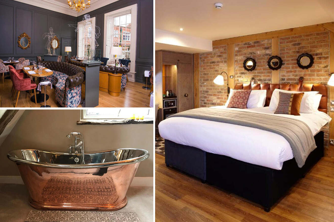 Composite image of a hotel interior showing a dining area, a bedroom with exposed brick wall and king-size bed, and a bathroom with a copper bathtub.