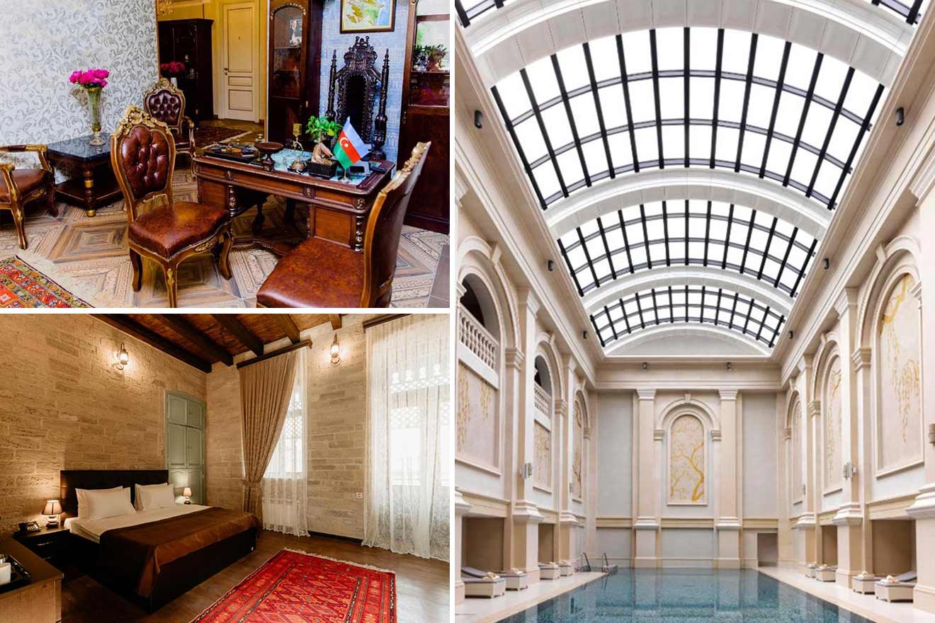 Collage of 3 pics of luxury hotels in Baku: an elegant office with antique furniture, a spacious bedroom with rustic decor, and an indoor pool under a large skylight in a grand hall.