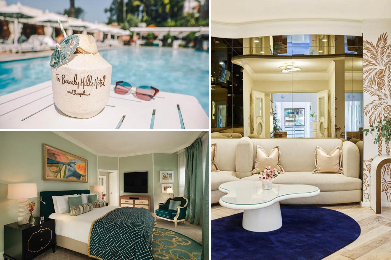 A collage of three hotel photos: outdoor pool, bedroom, and lounge area