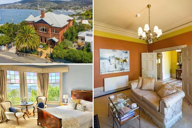 Collage of a historic brick house by the water, a cozy bedroom with a bay view, and a living room with elegant decor and a chandelier.