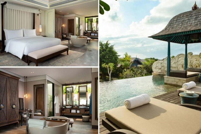 Luxurious hotel room with a large bed and sitting area on the left, and a tropical outdoor pool with lounge chairs on the right under a clear sky.