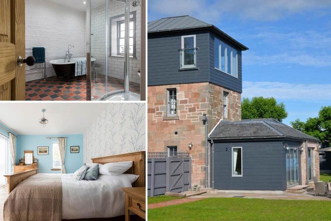 Collage of 3 pics of  luxury hotel in Inverness: the exterior of a stone and wood house, a bedroom with wooden furniture, and a bathroom with a freestanding bathtub and a corner shower. 