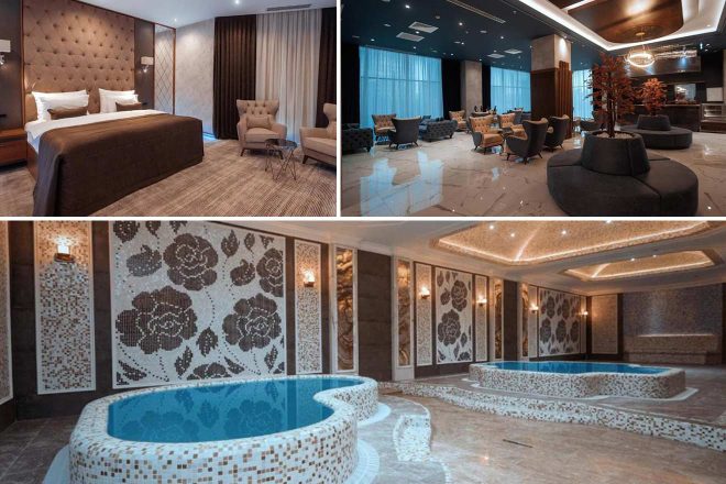 Collage of 3 pics of luxury hotel: a hotel room with a double bed, a modern lounge area, and an indoor pool with mosaic floral designs and ambient lighting.